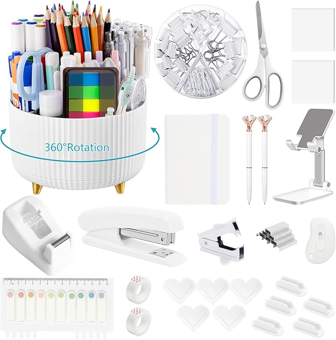 Office Supplies,Desk Accessories,with Stapler, Tape Dispenser,Desk Organizer,Folding Phone Holder,Pen,Journal Notebook,Scissor,Staple Remover,Staples,Clear Tape,Sticky Notes,Paper Clips,Bookmark,Ect