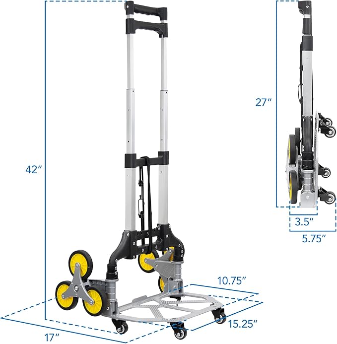 Mount-It! Stair Climber Hand Truck Dolly with Tri-Wheel Design, 154 lb Capacity, Foldable Steel Frame, Adjustable Handle, Rubber Wheels, Pre-Assembled for Stair and Flat Use