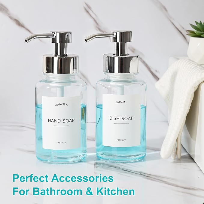 Foaming Soap Dispenser, 14.1 oz/400ml Foaming Hand Soap Dispenser, 2 Pack Glass Foaming Dispenser for Bathroom & Kitchen, Clear Refillable Liquid Dispenser Bottle with Waterproof Labels