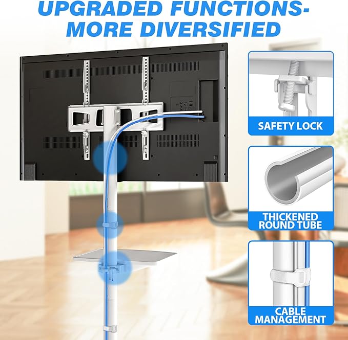 Rfiver Mobile TV Stand for 23-65 Inch LCD LED Flat/Curved Panel Screen TVs up to 88 lbs, Rolling TV Stand with Adjustable Shelf & Tilt, Portable Floor Stand on Wheels for Bedroom, Living Room, White