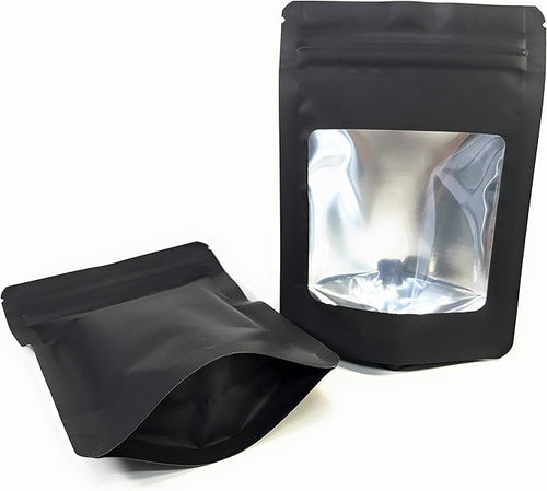 100 Pack Smell Proof Ultra Clear Window Mylar Bags 1/8 Eighth Plus Size 4 Mil 4”x 5.5”x 1.5” Stand Up Foil Pouch. Travel, Storage and Display. Food Grade Roypack