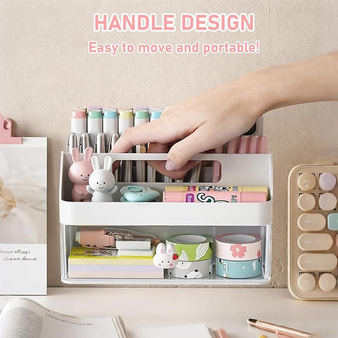 SAYEEC Desk Organizer with Drawer Multi-Functional Makeup Organizer with Handle 7 Compartments Pencil Pen Holder Small Desktop Storage Box Desk Accessories Caddy for Office Home Art Supplies (White)
