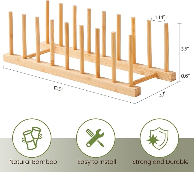 NOVAYEAH Bamboo Wooden Dish Rack-Plate Pot Lid Cutting Board Organizer Holder Rack for Cabinet-Kitchen Cabinet Organizer for Dish, Pots, Lids, Bowls, Bottles, Books, and Puzzle