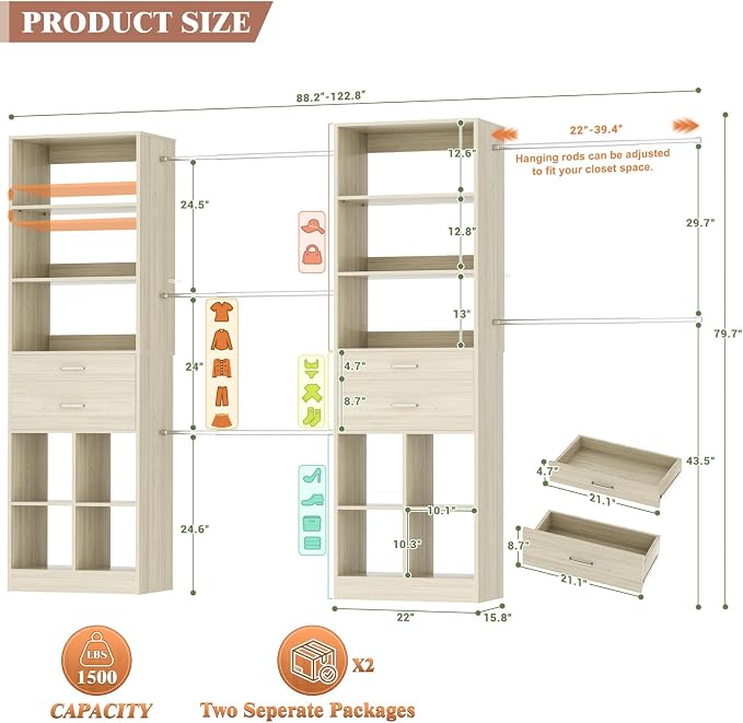 Besiost Closet System, 7.4ft-10ft with 4 Wooden Drawers and 5 Hanging Rods, Can Fit 88 to 123 inch Walk-in Closet System, White Oak
