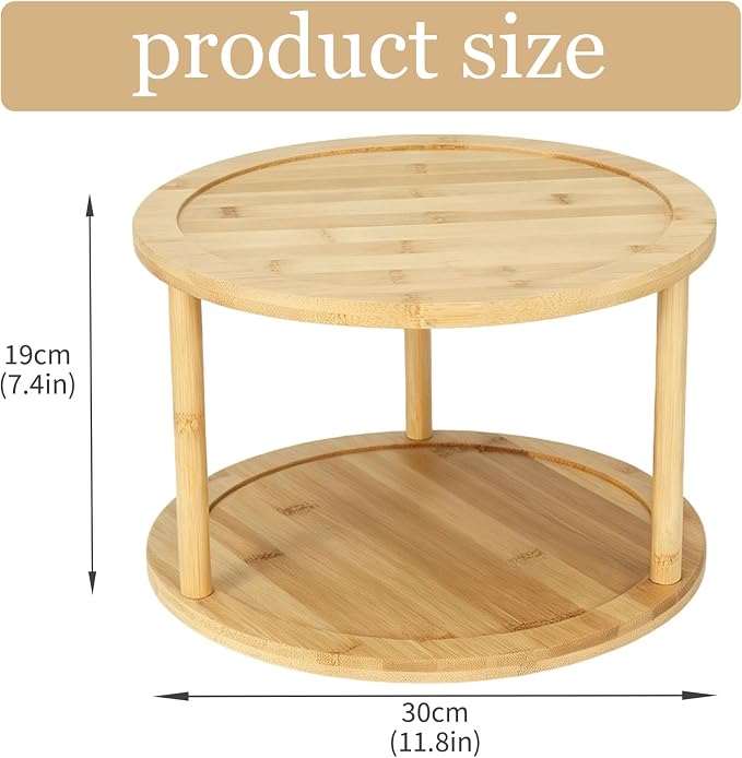 2 Tier Wooden Lazy Susan Organizer, 360 Degree Rotating Medicine Cabinet Turntable for Bathroom, Kitchen Cupboard, Countertop, Pantry and Spice Bottle Storage