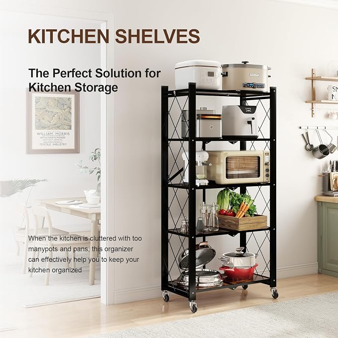 5 Tier Folding Shelf with Wheels, Wood and Metal Bookshelf, no Assembly Foldable Storage Shelves, Vintage Storage Rack for Living Room, Bedroom, and Home Office