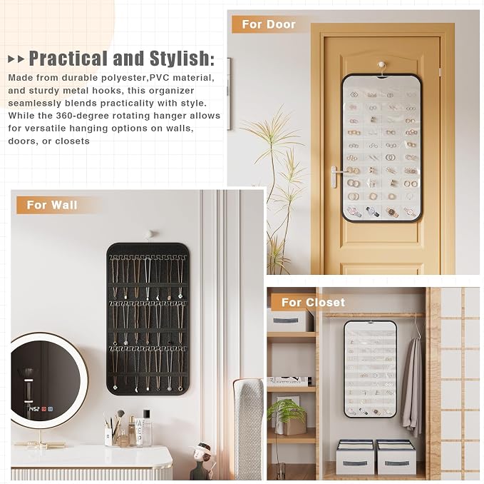 Hanging Jewelry Organizer for Necklaces Earrings, 1-Pack, Black and White | Foldable Double-Sided 36 hooks & 40 clear pockets; swivel hook fits walls, doors & rods for earrings, bracelets, rings