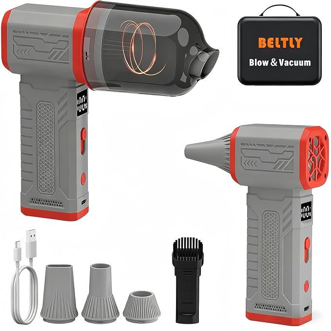 FT08 Compressed Air Duster, 1-10 Stepless Speed Adjustable | Powerful Electric Dust Blower with Display , 130000RPM Brushless Motor, Jet Fan for Keyboard PC Car Outdoor, Gray, 2-in-1