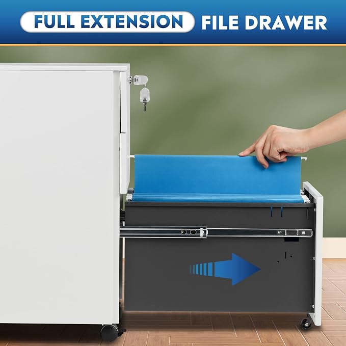DEVAISE Slim File Cabinet with Lock, 3 Drawer Mobile Filing Cabinet for Legal/Letter/A4 Size, Fully Assembled Except Wheels, White
