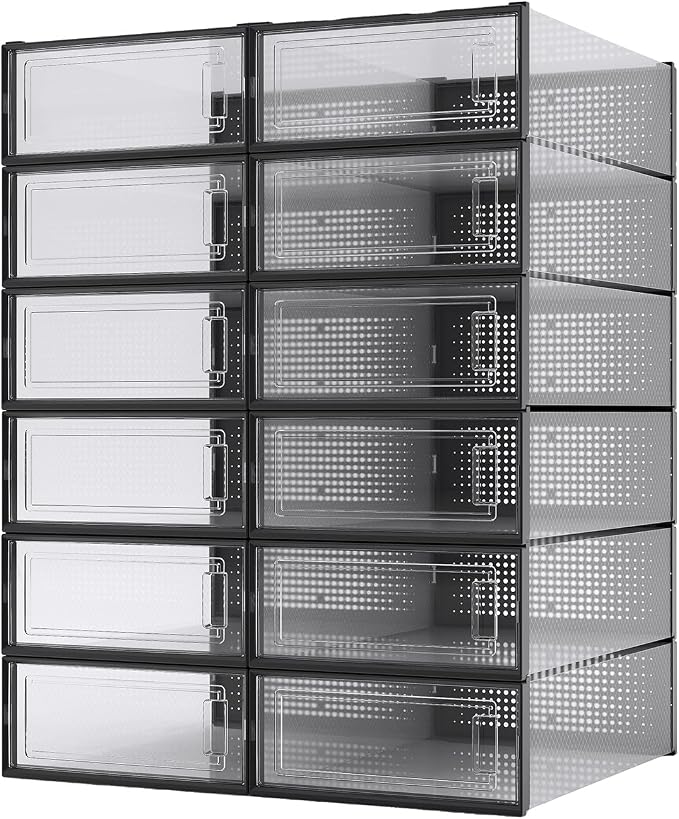 12-Piece Boot and Shoe Storage Box, Stackable Clear Plastic Shoe Box, Space-Saving Shoe Organizer for Boots, Sneakers, and High Heels, Black