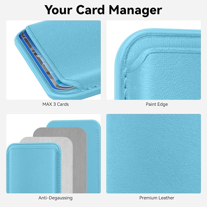 Magnetic Wallet Cell Phone Card Holder for Phone Case with Mag-Safe, Stronger Magnetic RFID Leather Phone Wallet Stick on Series of iPhone 17/16/15/14/13/12 and Pro/Promax, Light Blue