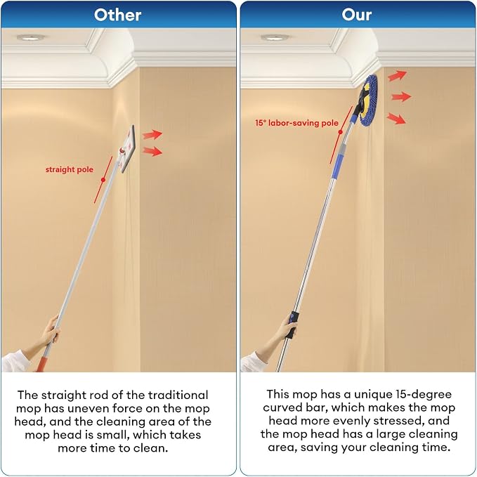Wall Cleaner, Max 66'' Wall Mop with Long Handle, Ceiling Dust Mop with 15° Labor-Saving Elbow Extension Pole, Baseboard Duster Washer Scrubber, High Reach Window Cleaning Brush, Roof Cleaning Tool-BU