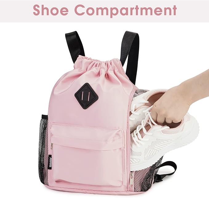 WANDF Drawstring Backpack with Shoe Compartment, Sports Gym Bag | Multi-Pocket Storage, Water-Resistant Fabric, Cinch String Bag