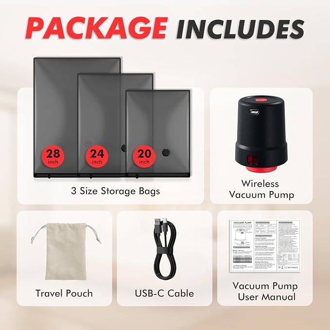 MEIQIHOME 20 Pack PackEase Travel Vacuum Bags 1800mAh Wireless Pump, 80% Compression Space Saver for Luggage, Clear PA+PE Reusable Seal Bags for Clothes, Portable Electric Air Pump for Travel & Home