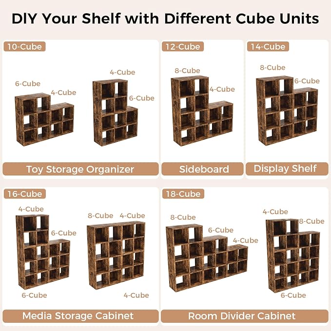 LUCKLIFE 9-Cube Storage Organizer, Stackable Modular Bookcase Shelf with Vertical or Horizontal Use, Fits 11×11" Bins, Optional Back Panels, for Living Room, Office, Vintage Brown