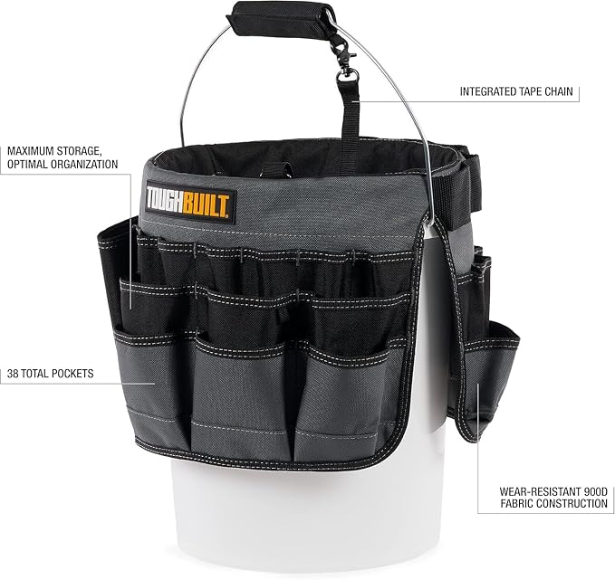 ToughBuilt - 5-Gallon Bucket Organizer, 60-Pocket Tool Organizer, TB-85 | 60 Pockets & Loops, 1680D Ballistic Fabric, Reinforced Construction, Fits 5-Gallon Buckets, Contractor Grade, Jobsite Ready