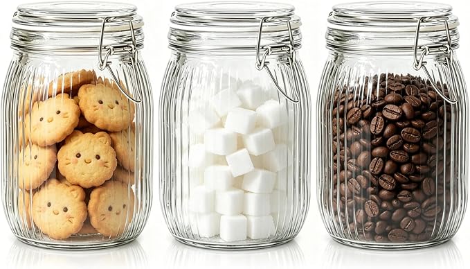 ComSaf Ribbed Glass Pantry Jars with Airtight Lids 34 oz 3 Pack Coffee | Flour sugar coffee beans, Fermenting pickling, Farmhouse pantry decor, Kitchen storage, Dry food storage, Sourdough starter