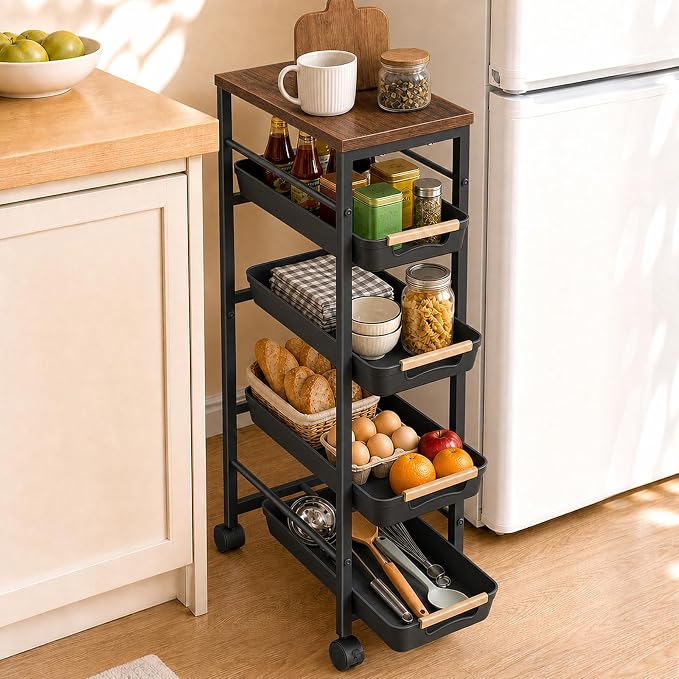 Pipishell Slim Rolling Storage Cart with Drawers & Lockable Wheels, 5 Tier Kitchen Cart with Safety Stops & Vented Design, Wood Top, Pull-Out Utility Cart for Kitchen, Bathroom, Laundry Room, Black