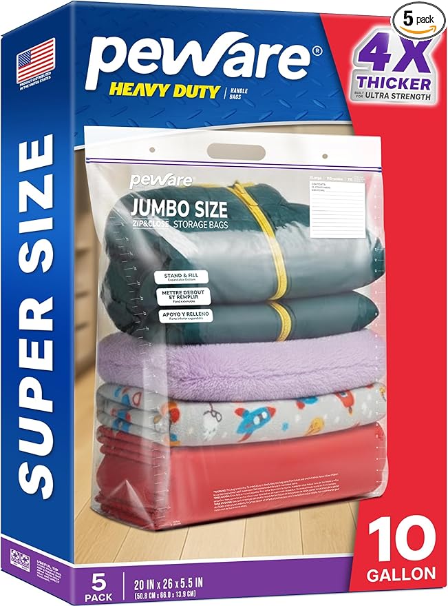 10 Gallon Heavy Duty Large Storage Bags with Handle, Big Zip Seal Top Bags, 6 Mil Extra Thick Clear Big Plastic Resealable Zip Poly Bags for Home Moving, Travel, Camping, 20" x 26", Pack 5