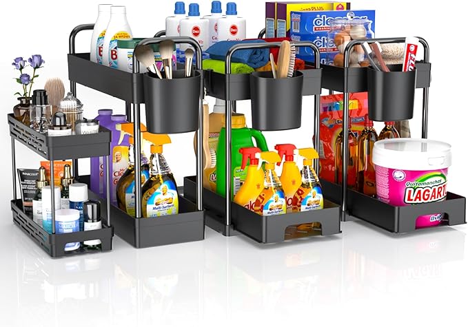 ZIZOTI 4 Pack Under Sink Organizer and Storage - Stackable 3 Size 2 Tier Bathroom Under the Sink Organizers Multi-Usage Kitchen Cabinet Organizers and Storage Sink Bath Shelf Baskets