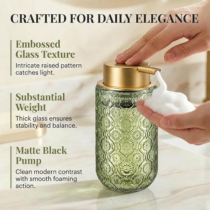 Green and Gold Glass Foaming Hand Soap Dispenser | Matte Gold Pump Embossed Glass Bottle Refillable Bathroom Kitchen Decor 13.5 oz
