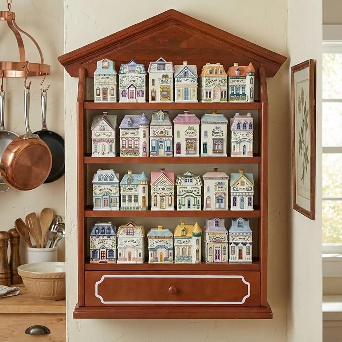 Chunful Vintage Spice Jar Wooden Rack with 4 Tier Hanging Spice Rack Wall Mounting Kitchen Storage Village Style Display Shelf for 24 Jar, Christmas Wedding Bridal Gift, Shelf Only(Classic)