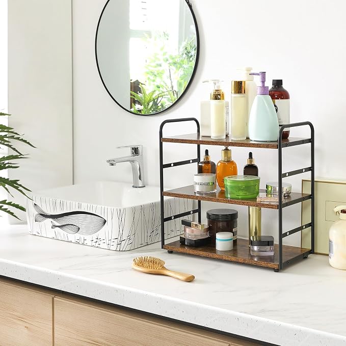 IBUYKE Counter Shelf,Kitchen Organization and Storage,Brown TWJ001H | 3-Tier Bathroom Countertop Organizer Tray Makeup Shelf Counter Standing Spice Rack Storage Shelf Cosmetic Holder