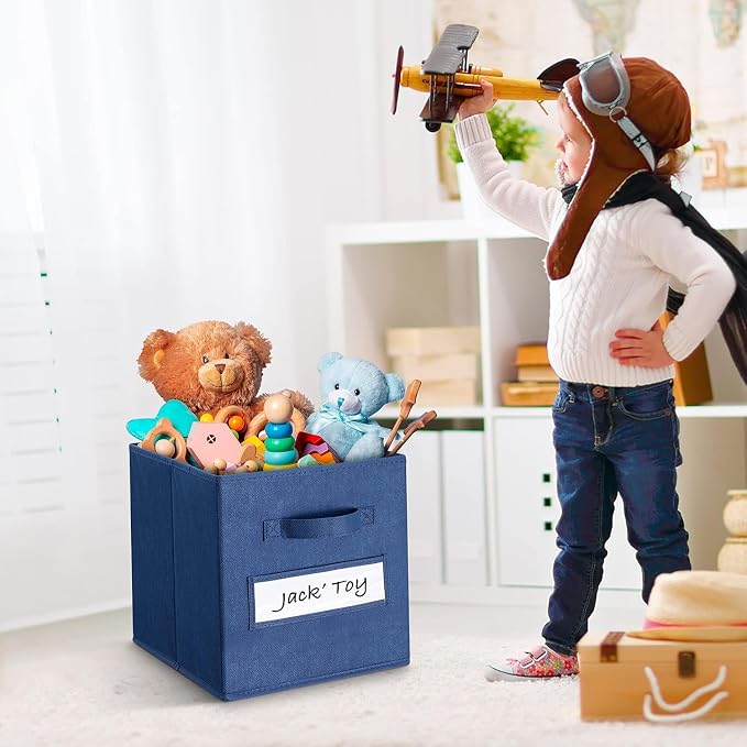 Fabric storage cubes (Set of 8) 11 Inch Cube Storage Bin, Cube storage with 8 Labels Window Cards & a Pen, Foldable cube organizer bins,11x11 Storage bin, Cubby Organizer Boxes, Navy Blue