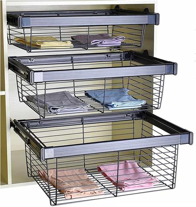 Pull Out Cabinet Storage Basket 1 Piece,Stackable Detachable Baskets,Metal Wire Mesh Storage Basket Organizer,for Kitchen Office Wardrobes Cupboard,Bearing Capacity 30kg(Black,460x414x170mm)