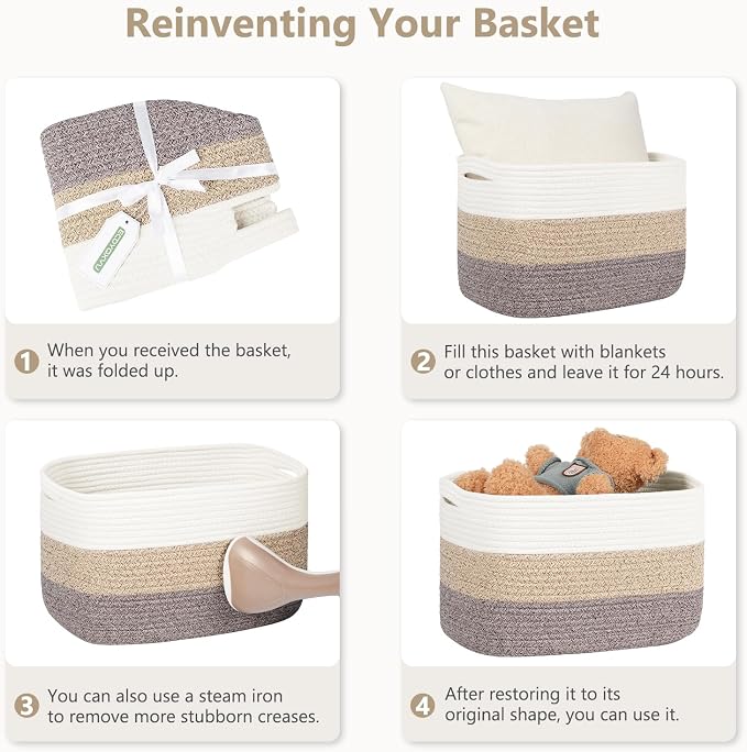 ECDYQXVU 15x10x9 Woven Cotton Rope Storage Basket, Leather Handles 1 Pack | Foldable Design, Sturdy PU Handles, Easy to Clean Organizer for Living Room, Closet, Shelves, Bedroom, Laundry, Clothes