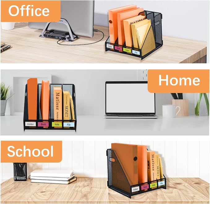 Desk File Organizer Metal Desk Magazine Folder With 4 Vertical Compartments Rack File Organizer For Office, Home, School, Black