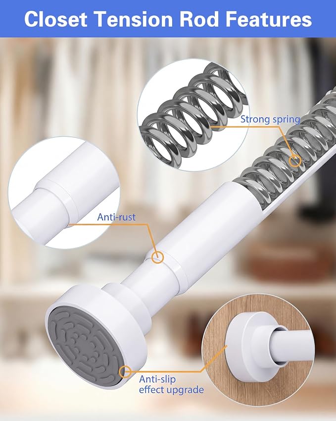 Supforce No Drilling Closet Rods for Hanging Clothes, Non Slip Tension Rod with Heavy Duty Clothes Hanging Rod, 17-69 Inches Adjustable Spring Closet Rod for Closet Wardrobe Bathroom Laundry RV, White
