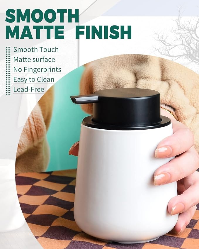 Bosilunlife 12Oz Ceramic Foam Soap Dispenser for Bathroom Kitchen Counter | Premium countertop foam pump creates delicate dense foam, stable desktop placement,Matte White