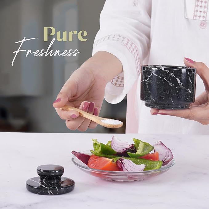 MARBLOUS KRAFTS Marble Salt Cellar 3" Black Zebra Stone salt dish, Sugar, Seasoning salt containers for Countertop, Modern salt holder with lid, Kitchen Spice Jar