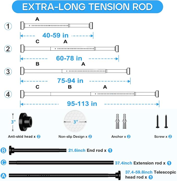 Tension Curtain Rod Black Tension Rod 40 to 113 Inch Spring Curtain Rods Non Slip Tension Rods 1pcs For Windows No Drilling Adjustable Tension Rods of Curtains Window Closet Kitchen Wardrobe
