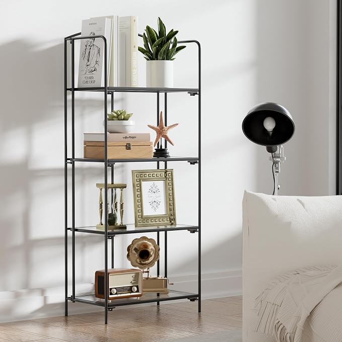 Crofy 4-Tier Foldable Bookshelf, Black Frame & Transparent Shelves | No-Assembly Collapsible Portable Storage Organizer; Sturdy Transparent Shelves; Ideal for Living Room & Home Office