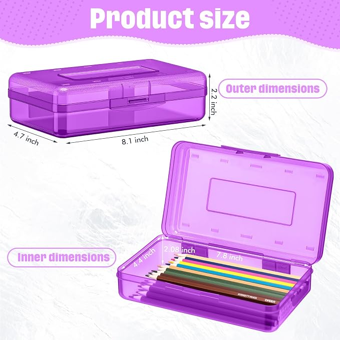 Blulu 6 Pack Large Plastic Pencil Case Box Clear Pencil Boxes Bulk Hard Crayon Box Storage with Snap Lids 8.1 x 4.7 x 2.2 Inch Painting Organizer Classroom Stationery School Supplies (Purple)