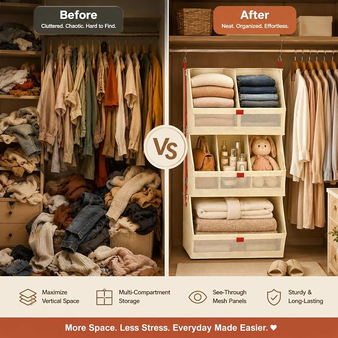 Fabric Hanging Closet Organizer Heavy Duty Shelf Hanging Storage Towel Clothes Sweater Jeans Bag Organizer For Closet For Bedroom,Dorm,RV,See Through Front Panel, Space-Saving (Beige-3Tier Extra Wide)