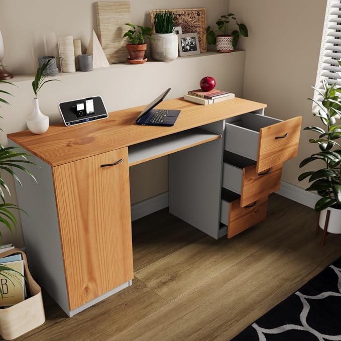 Modern Computer Desk with 3 Drawers & Storage Cabinet – Small Office Desk with Slide-Out Keyboard Tray – Professional Home Office Desk & Small Work Desk for Writing (Oak & Anthracite)