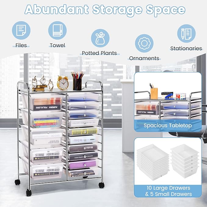 LUARANE Rolling Cart with 15 Drawers, Craft Storage Cart with Portable Handles & Lockable Wheels, Mobile Toys Organizer, Large Capacity Utility Drawer Cart Home Office School Teacher (Clear)