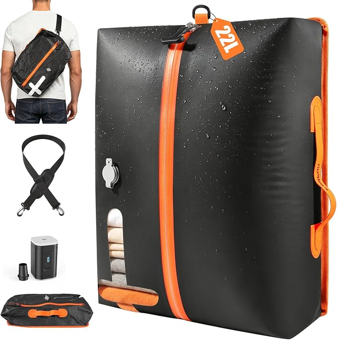 Travel Vacuum Bags with Shoulder Strap – IP67 Waterproof Vacuum Seal Reusable 22L Carry-On Compression Bags for Clothes, Suitcase & Luggage(1-Pack,Black)