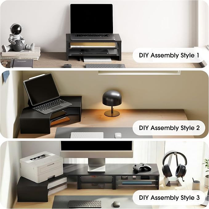 Fenge Dual Monitor Stand, 2-Tier Corner Monitor Riser with Drawer and Slide-out Tray, Triangle Desktop Shelf Organizer for Laptop Computer Printer Home Office Desk, Black