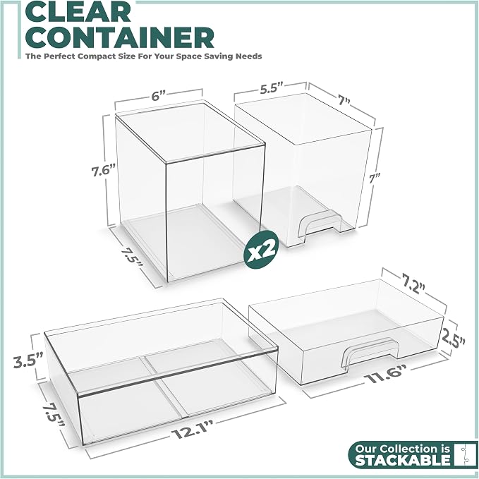 Sorbus Stackable Acrylic Storage Drawers – 2 Tall + 1 Wide – 3 Pack Clear Plastic Organizer Bins for Baby Bottles, Makeup, Bathroom & Vanity, Pull-Out Drawer Design for Kitchen Cabinets