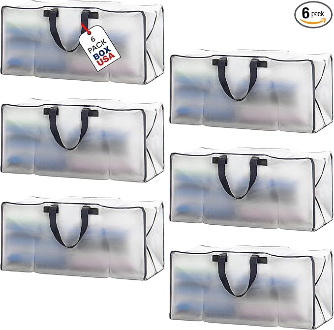 BOX USA 6-Pack Moving Bags with Strong Handles & Zippers - Heavy Duty Extra Large Packing Bags for Storage, Moving Boxes, Dorm & College Supplies, Clear
