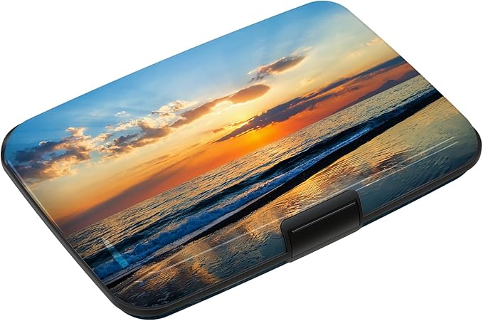 Credit Cards Holder, RFID Blocking Aluminum Wallet Slim Metal Hard Case Mini Travel Wallet ID Case for Women Men, Seaside Sunset