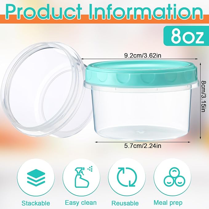 Sieral 36 Pack 8 oz Freezer Containers with Lids Reusable Deli Freezer Storage Containers Stackable Plastic Thick Twist Top Jars for Takeout Food Round Wide Mouth Lunch Snack (Turquoise)