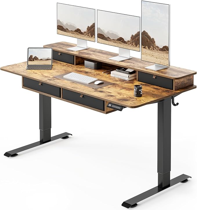 FEZIBO 60 x 30 inch Standing Desk with Drawers, Height Adjustable Electric Workstation, Computer Sit Stand Up Table with Large Storage Shelf 4 Drawers and 2 Hooks, Rustic Brown