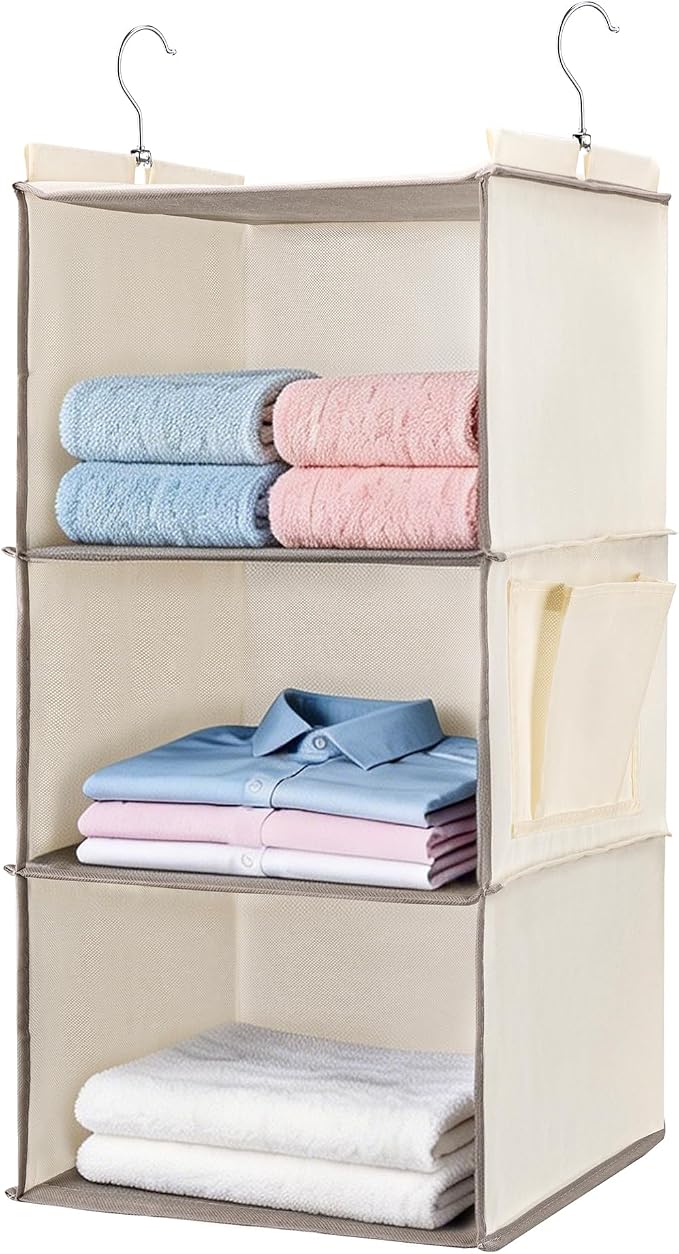 BOOMIBOO Hanging Closet Organizer and Shelves, 4 Shelves with 1 Side Pockets, Foldable, Grey Fabric, Modern Style, for Bedroom and Dorm Room (Beige)