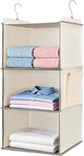 BOOMIBOO Hanging Closet Organizer and Shelves, 4 Shelves with 1 Side Pockets, Foldable, Grey Fabric, Modern Style, for Bedroom and Dorm Room (Beige)