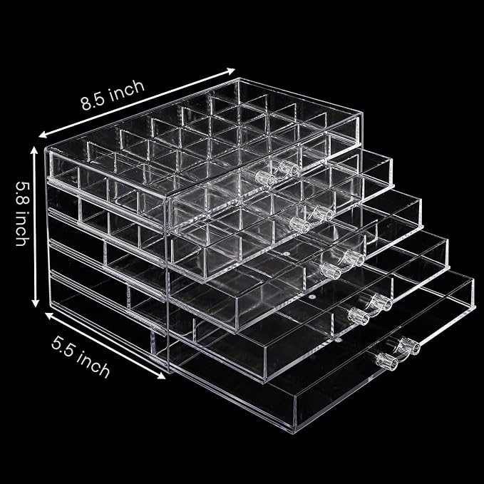 yarlung Acrylic Jewelry Storage Box Earring Holder with 5 Drawers, 61 Grids Jewelry Organizer Tray Clear Ring Display Case for Beads, Nail Tips, Women Girls Gift